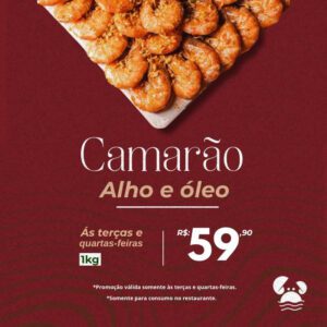 1kg de Camarão Alho e Óleo por R$59,90. O mais nobre camarão ao alho e olho de Fortaleza no Chico do caranguejo Sul.