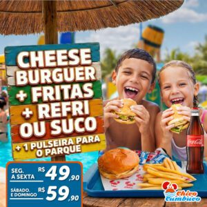 Chesse burguer + fritas + Refri ou suco + 1 Passaportes para o AcquaChico no Chico do Caranguejo a partir de R$49,90.