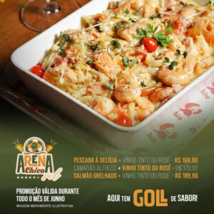Três opções sendo Pescada à Delícia ou Camarão Alfredo ou Salmão Grelhado + Vinho Tinto ou Rosê no Chico do Caranguejo Sul a partir de R$169.90.